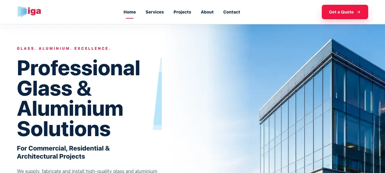 Homepage of a glass and aluminium contractor website concept, with quote-focused calls to action.