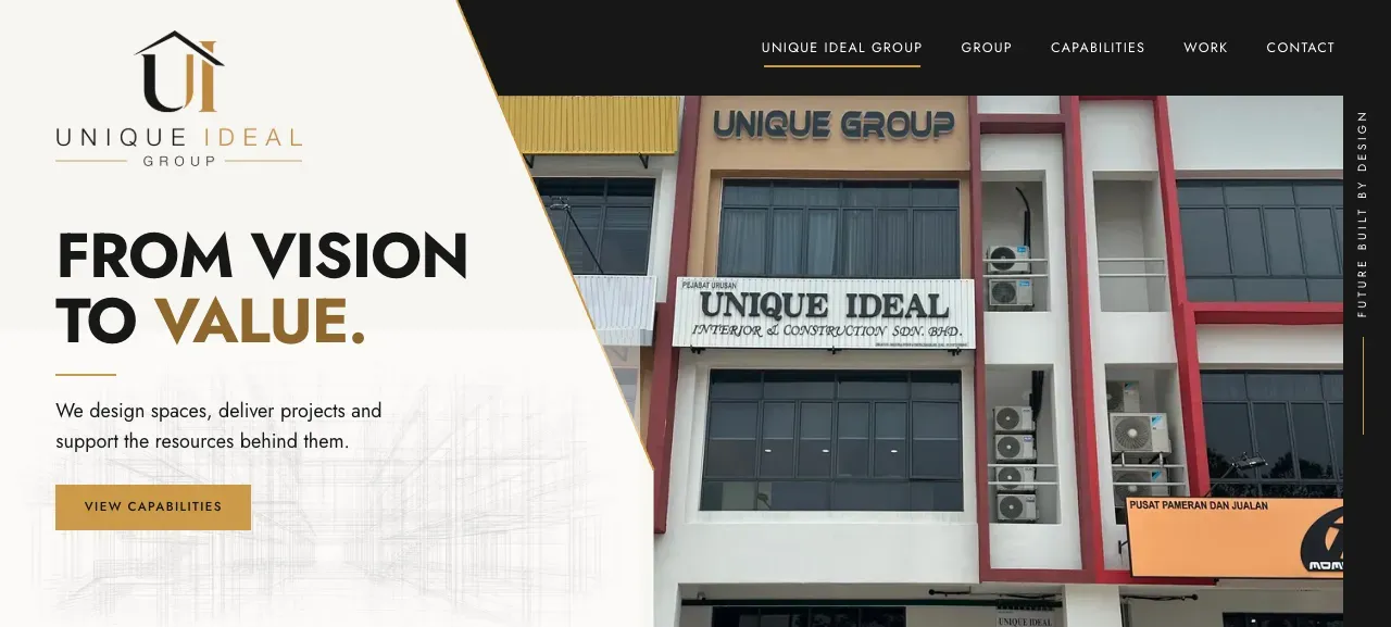 Unique Ideal Group homepage screenshot with the group logo, a from-vision-to-value headline, and a photograph of the company's Permas Jaya office.